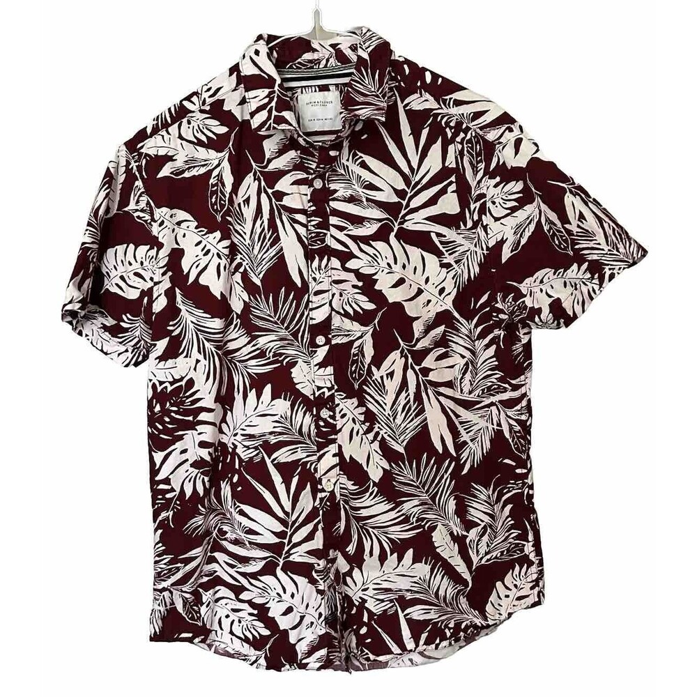 Denim & Flower Men's Shirt M Button Front Short Sleeve Red with White Floral